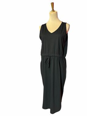 Zenana Outfitters Black Sleeveless V-Neck Midi Dress Drawstring Waist Women's XL